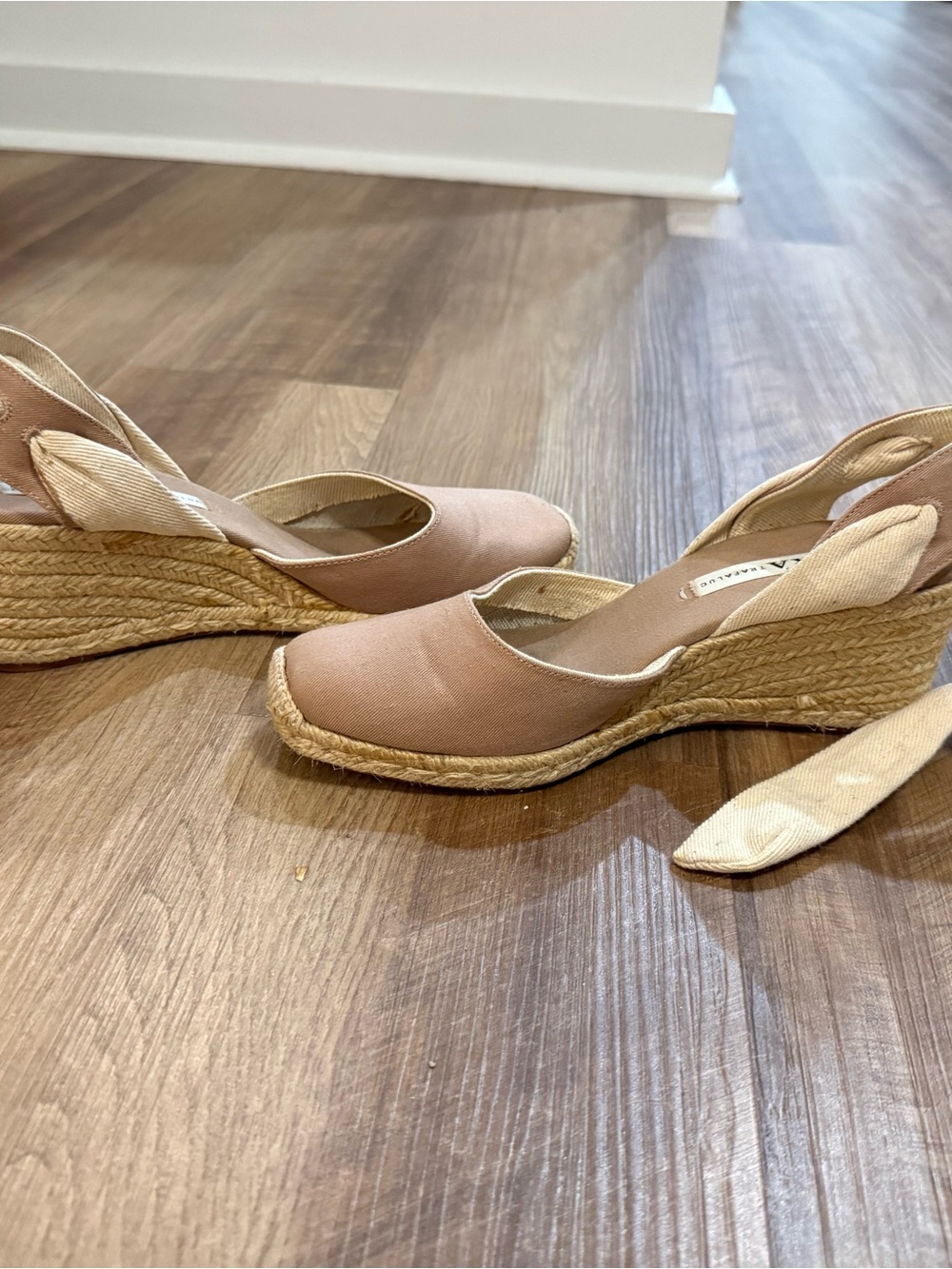 ZARA Taupe Canvas Espadrille Wedge Sandals with Ankle Wrap - Picture 9 of 9